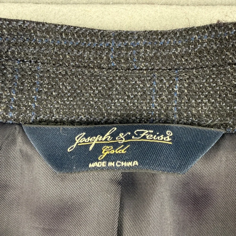 Joseph & Feiss Gold Mens 46R Blazer Jacket 100% Wool Gray Blue Plaid‎ 2-Button